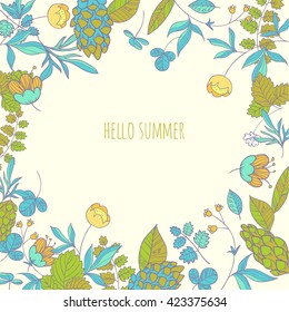 Forest. abstract beautiful floral background. frame of flowers, forest herbs and cones for card design