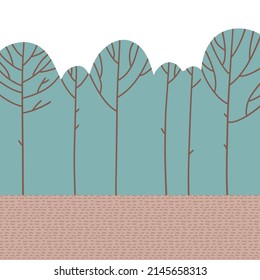 Forest with abstract foliar trees in hand drawn scandinavian style. Doodle forest background with copy space. Vector flat illustration.