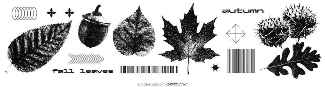 Forest acorn, chestnut, leaves set with retro photocopy stipple effect. Collection for grunge punk y2k collage design. Autumn nature season. Vintage halftone element brutalist design for collage