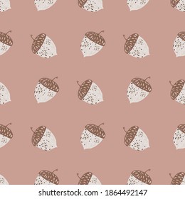 Forest acorn seamless pattern. Cartoon hand drawn white and beige ornament on pink pale background. Flat vector print for textile, fabric, giftwrap, wallpapers. Endless illustration.