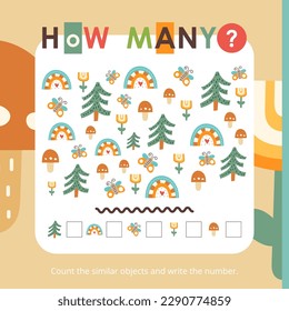 Forest activities for kids. How many. Count the number of tree, butterfly, mushroom, rainbow, flower. Vector illustration. Book square format.