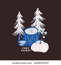 Forest adventure folk boho illustration. Outdoor camp badges. Autumn vector emblem designs with nature, wild animals and trees for posters, stamps, stickers, patches and labels