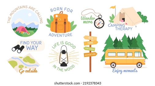 Forest adventure motivation badges. Nature tourist graphic sign, forest camp travel typography. Hiking explore hipster stickers, wild tourism racy vector labels