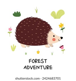 Forest Adventure print with a cute hedgehog. Funny woodland character print for kids in cartoon style. Vector illustration