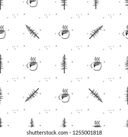 Forest adventure seamless pattern with trees and coffee cup. Silhouette distressed design. Stock vector camping wallpaper isolated on white background