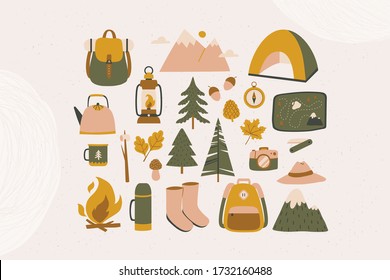 Forest adventures icons set in modern flat style. Hiking set; mad, backpack, mountains, trees, fireplace, tent, compass. Vector set of different hiking elements