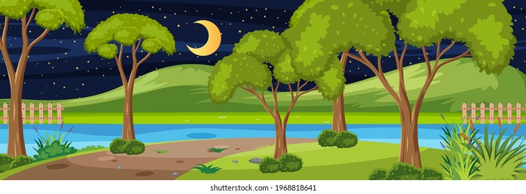 Forest along the river horizontal scene at night with many trees illustration