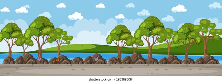 Forest along the river horizontal scene at day time with many trees illustration