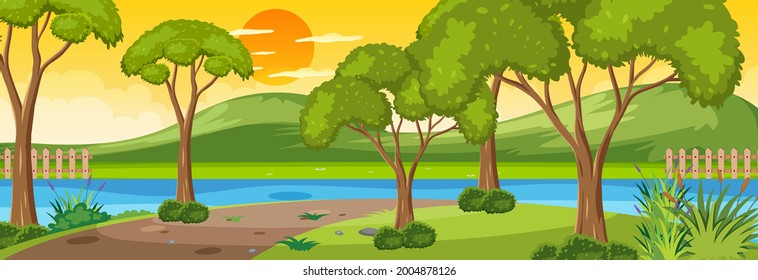Forest along the river horizontal scene at sunset time with many trees illustration