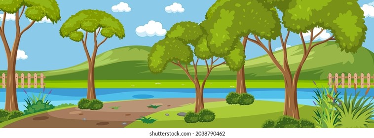 Forest along the river horizontal scene at day time with many trees illustration