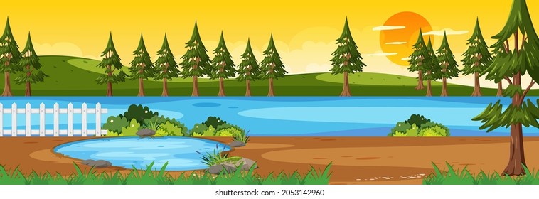 Forest along the river horizontal scene at sunset time with many trees illustration