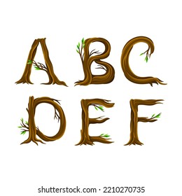 Alfabeto forestal arreglado desde tronco de árbol y ramas con conjunto de vectores de símbolos de letra mayúscula