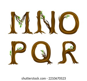 Forest Alphabet Arranged from Tree Trunk and Branches with Capital Letter Symbols Vector Set