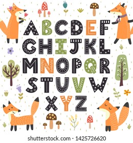 Forest alphabet with cute foxes. Hand drawn letters from A to Z. Vector illustration