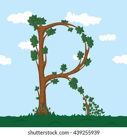 Forest alphabet. Illustration The letter R from a tree.