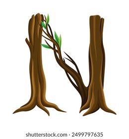 Forest Alphabet Letter Arranged from Tree Trunk and Branches Vector Illustration