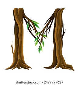 Forest Alphabet Letter Arranged from Tree Trunk and Branches Vector Illustration