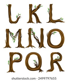 Forest Alphabet with Letters Arranged from Tree Trunks and Branches Vector Set