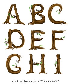 Forest Alphabet with Letters Arranged from Tree Trunks and Branches Vector Set