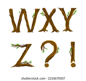 Forest Alphabet and Punctuation Marks from Tree Trunk and Branches with Capital Letter Symbols Vector Set