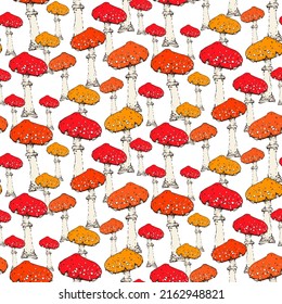 
Forest amanita mushroom. Seamless pattern of hand-drawn red fly agaric on white background. Botanical design for textile, wallpaper, website, packaging materials, wrapper. Vector illustration