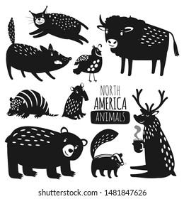 Forest american animals silhouettes. Cartoon animal silhoitte set, reindeer and wild grizzly bear, lynx and armadillo vector images isolated on white background