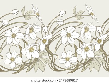 Forest Anemone flowers, decorative flowers and leaves Seamless pattern, background. Vector illustration. In botanical style