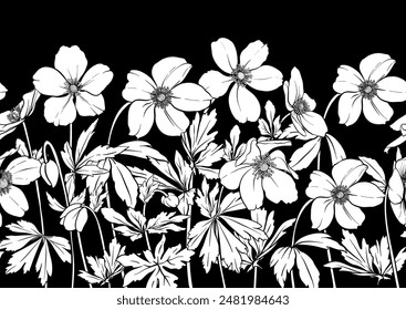 Forest Anemone flowers, decorative flowers and leaves Seamless pattern, background. Vector illustration. In botanical style
