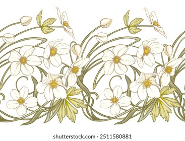 Forest Anemone flowers, decorative flowers and leaves Seamless pattern, background. Vector illustration. In botanical style