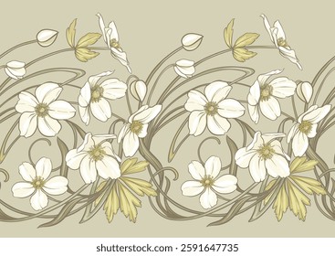 Forest Anemone flowers, decorative flowers and leaves Seamless pattern, background. Vector illustration. In botanical style