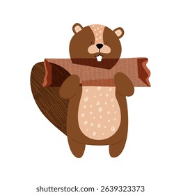 Forest animal beaver gnaws tree in cartoon style with trendy textures on white background