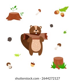 Forest animal beaver holds a piece of wood in its paws, hand drawn in cartoon style with textures on a white background, stump, mushrooms, leaves, cones, acorns, for printing postcards, banners