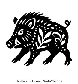 Forest animal boar in linocut textured style. Isolated on white background vector illustration. Vector illustration