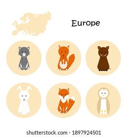 Forest animal cartoon. Bear,  rabbit, fox,  owl, squirrel, wolf. Colorful illustration flat style