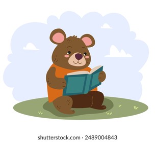 Personajes de animales de bosque leyendo el concepto del libro. Ilustración de Diseño gráfico plano de Vector