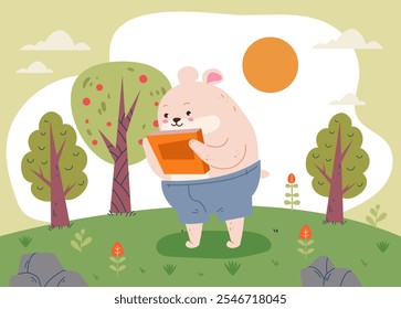 Forest animal characters reading book concept. Vector flat graphic design illustration