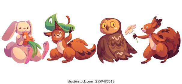 Forest animal characters set. Cute creatures with plants - bunny eating carrot, playful squirrel holding leaf overhead and presenting flower, wise brown owl. Woodland children book or game design.