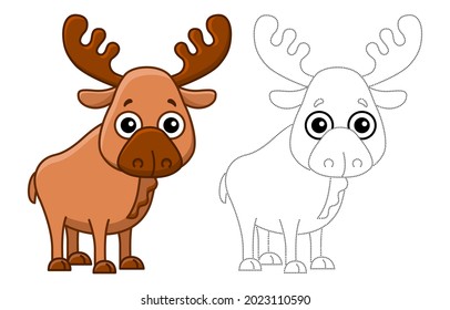 Forest animal for children coloring book. Funny elk in a cartoon style. Trace the dots and color the picture
