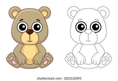 Forest Animal For Children Coloring Book. Funny Bear In A Cartoon Style. Trace The Dots And Color The Picture