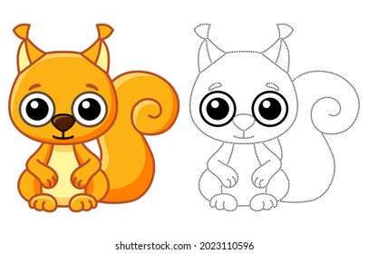 Forest animal for children coloring book. Funny squirrel in a cartoon style. Trace the dots and color the picture
