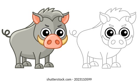 Forest Animal For Children Coloring Book. Funny Boar In A Cartoon Style. Trace The Dots And Color The Picture