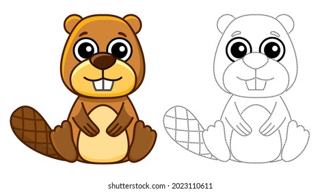 Forest animal for children coloring book. Funny beaver in a cartoon style. Trace the dots and color the picture