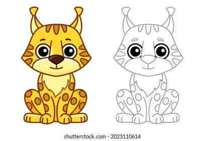 Forest animal for children coloring book. Funny lynx in a cartoon style. Trace the dots and color the picture