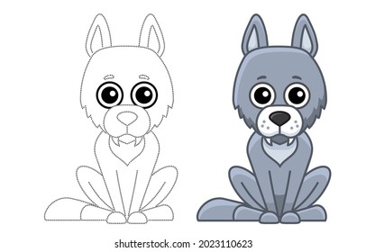 Forest animal for children coloring book. Funny wolfin a cartoon style. Trace the dots and color the picture