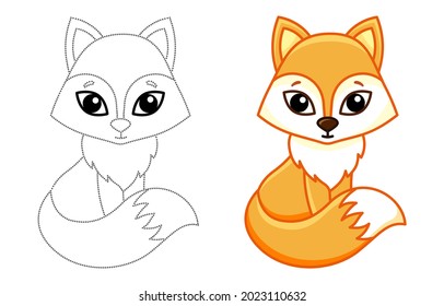 Forest Animal For Children Coloring Book. Funny Fox In A Cartoon Style. Trace The Dots And Color The Picture