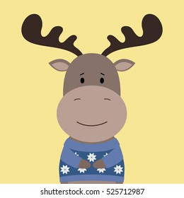 Forest animal, cute cartoon elk on yellow backgrounds. Flat design.Vector Illustration.