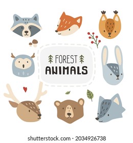 Forest animal cute head set. Collection of elements for for textile, fabric, apparel, wrapping, paper, stationery.