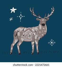 Forest animal deer vector doodle illustration poster.