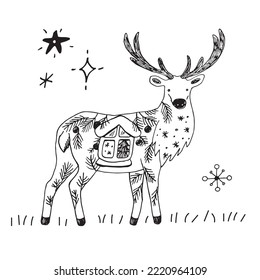 Forest animal deer vector line doodle illustration poster.