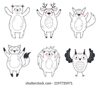 Forest animal doodle line art outline abstract style set collection. Design graphic element vector illustration